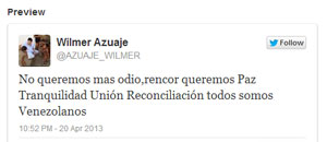 Wilmer Azuaje agradece por Twitter el apoyo recibido