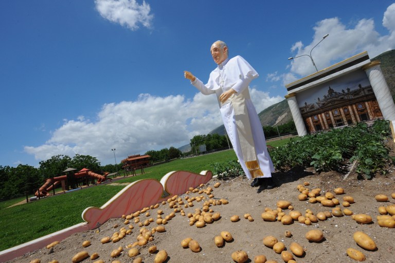 Estatua del papa Francisco en un campo de papas (Fotos)