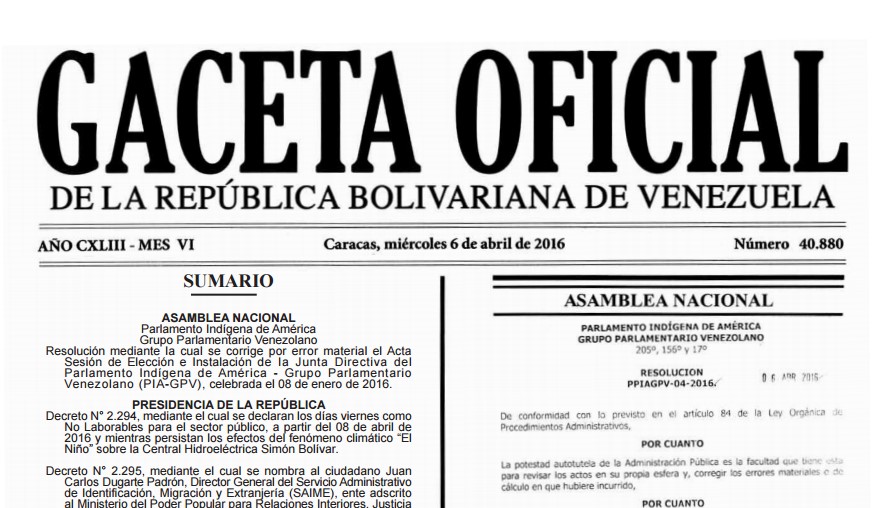En Gaceta decreto que declara viernes de abril y mayo como no laborables