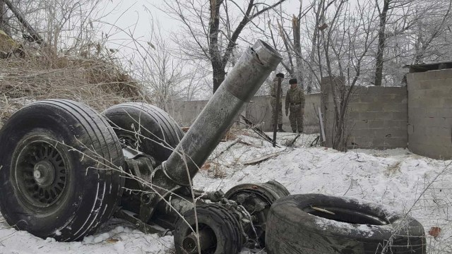 A Turkish cargo jet landing gear is seen at the crash site near Kyrgyzstan's Manas airport outside Bishkek, January 16, 2017. Radio Free Europe/Radio Liberty/Handout via REUTERS  NO SALES. FOR EDITORIAL USE ONLY. NOT FOR SALE FOR MARKETING OR ADVERTISING CAMPAIGNS. THIS IMAGE HAS BEEN SUPPLIED BY A THIRD PARTY. IT IS DISTRIBUTED, EXACTLY AS RECEIVED BY REUTERS, AS A SERVICE TO CLIENTS.
