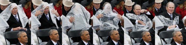 This sequence of pictures shows former U.S. President George W. Bush using a plastic sheet to deal with the rain near outgoing President Barack Obama (L) during the inauguration ceremonies swearing in Donald Trump as the 45th president of the United States on the West front of the U.S. Capitol in Washington, U.S., January 20, 2017. REUTERS/Rick Wilking