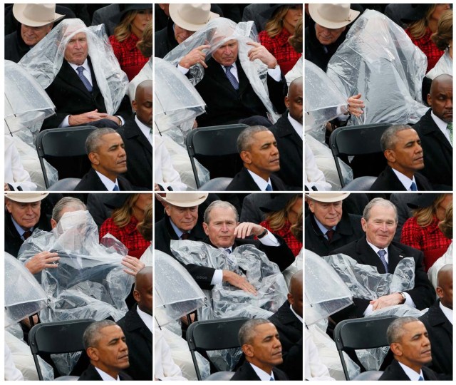 This sequence of pictures shows former U.S. President George W. Bush using a plastic sheet to deal with the rain near outgoing President Barack Obama (L) during the inauguration ceremonies swearing in Donald Trump as the 45th president of the United States on the West front of the U.S. Capitol in Washington, U.S., January 20, 2017. REUTERS/Rick Wilking TPX IMAGES OF THE DAY