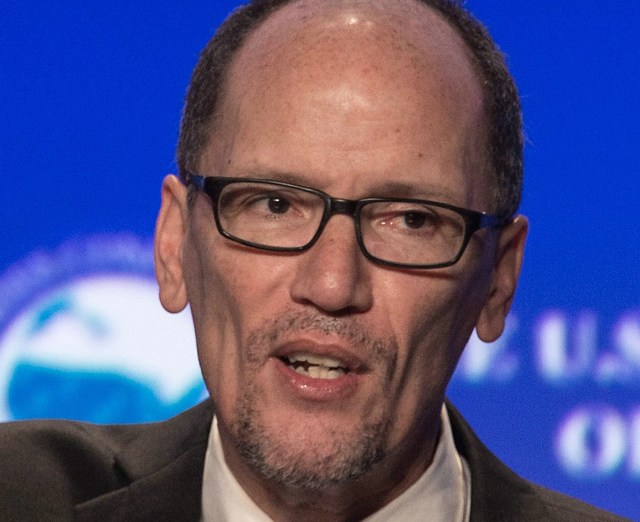 (FILES) This file photo taken on January 21, 2016 shows US Labor Secretary Tom Perez speaking in Washington, DC. Perez was elected chairman of the Democratic National Committe on February 25, 2017, in Atlanta, Georgia. / AFP PHOTO / Nicholas Kamm