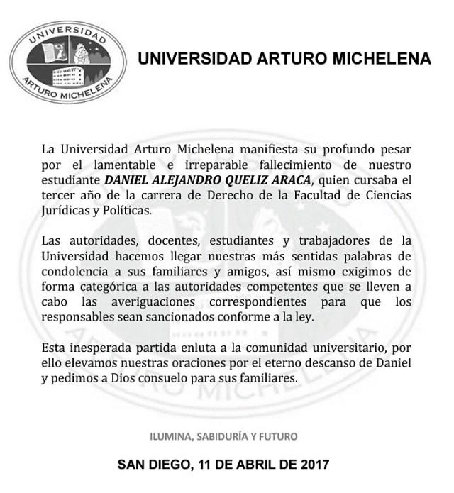 Comunicado de la Universidad Arturo Michelena