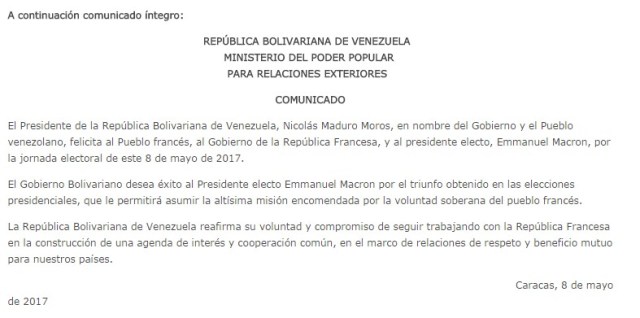 Comunicado de la Cancillería venezolana