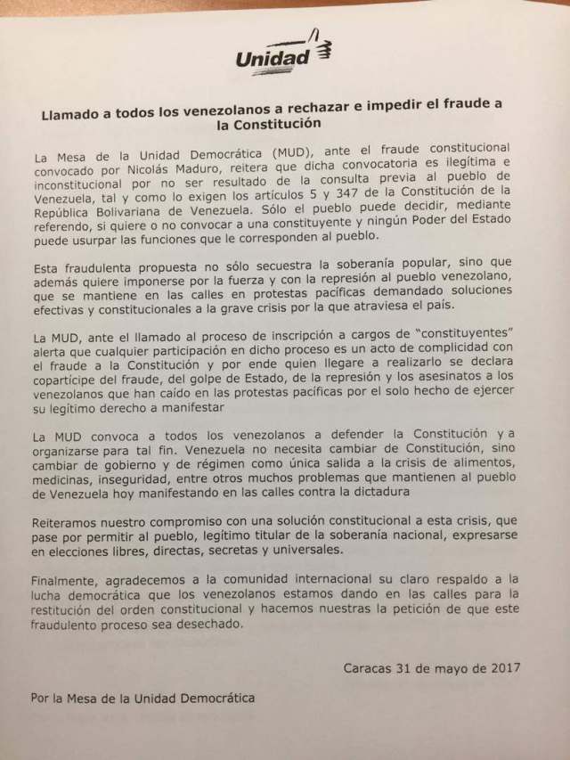 El documento de la Mesa de la Unidad Democrática en rechazo a la Constituyente