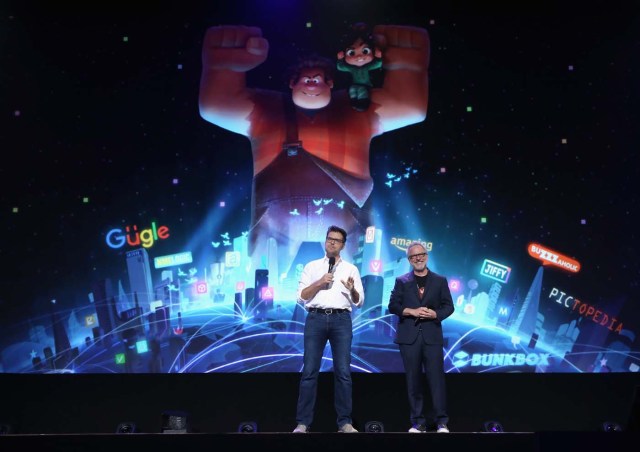 ANAHEIM, CA - JULY 14: Director Phil Johnston (L) and director Rich Moore of RALPH BREAKS THE INTERNET: WRECK-IT RALPH 2 took part today in the Walt Disney Studios animation presentation at Disney's D23 EXPO 2017 in Anaheim, Calif. RALPH BREAKS THE INTERNET: WRECK-IT RALPH 2 will be released in U.S. theaters on November 21, 2018. Jesse Grant/Getty Images for Disney/AFP