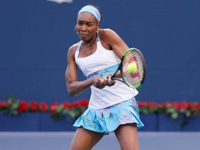 Aug 10, 2017; Toronto, Ontario, Canada; Venus Williams (USA) returns a ball against Elina Svitolina (not pictured) during the Rogers Cup tennis tournament at Aviva Centre. Mandatory Credit: John E. Sokolowski-USA TODAY Sports