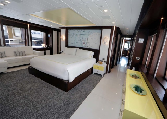The master bedroom aboard the Scout super yacht is seen during the Monaco Yacht show, one of the most prestigious pleasure boat show in the world, highlighting hundreds of yachts for the luxury yachting industry and welcomes 580 leading companies, in the port of Monaco, September 27, 2017. REUTERS/Eric Gaillard