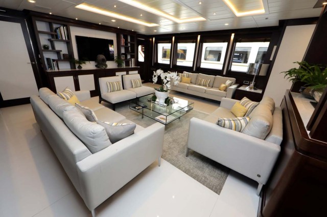 The lounge aboard the Scout super yacht is seen during the Monaco Yacht show, one of the most prestigious pleasure boat show in the world, highlighting hundreds of yachts for the luxury yachting industry and welcomes 580 leading companies, in the port of Monaco, September 27, 2017. REUTERS/Eric Gaillard
