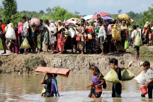 Rohingya refugees, who arrived from Myanmar last night, walk in a rice field after crossing the border in Palang Khali near Cox's Bazaar, Bangladesh October 9, 2017. REUTERS/Jorge Silva