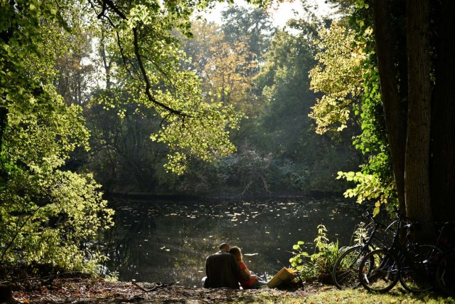 A couple relaxes at Tiergarten park on a sunny autumn day in Berlin, Germany October 15, 2017. REUTERS/Stefanie Loos