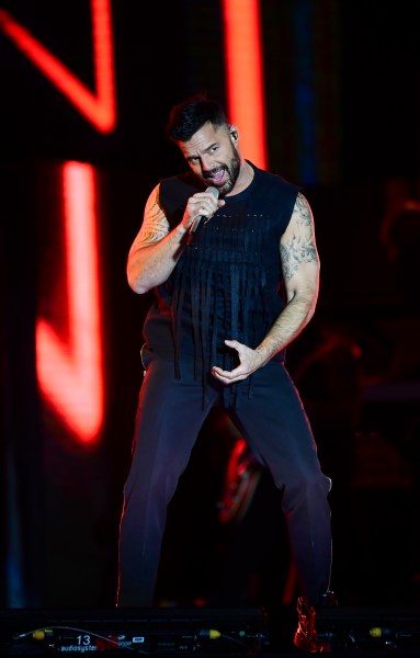 Puerto Rican musician Ricky Martin performs during a concert at the zocalo (main square) of Mexico City, on November 25, 2017. / AFP PHOTO / RONALDO SCHEMIDT