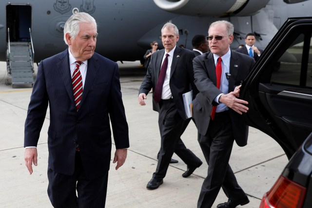 U.S. Secretary of State Rex Tillerson is shown to his car as he arrives at Jomo Kenyatta International Airport in Nairobi, Kenya, March 9, 2018. Picture taken March 9, 2018. REUTERS/Jonathan Ernst/Pool