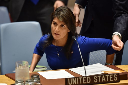 US Ambassador to the United Nations, Nikki Haley, arrives for a UN Security Council meeting, at United Nations Headquarters in New York, on April 14, 2018. The UN Security Council on Saturday opened a meeting at Russia's request to discuss military strikes carried out by the United States, France and Britain on Syria in response to a suspected chemical weapons attack. Russia circulated a draft resolution calling for condemnation of the military action, but Britain's ambassador said the strikes were "both right and legal" to alleviate humanitarian suffering in Syria. / AFP PHOTO / HECTOR RETAMAL