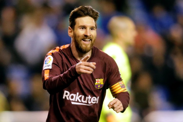 Soccer Football - La Liga Santander - Deportivo de La Coruna vs Barcelona - Abanca-Riazor, A Coruna, Spain - April 29, 2018 Barcelona's Lionel Messi celebrates scoring their third goal REUTERS/Miguel Vidal