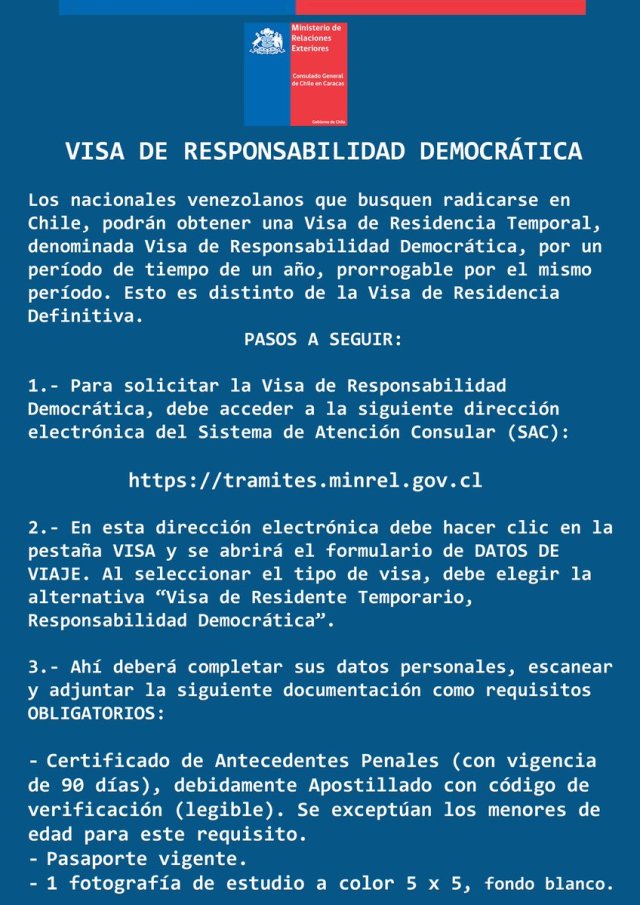Foto: Requisitos para Visa de Responsabilidad Democrática para Chile / @cgchilecaracas