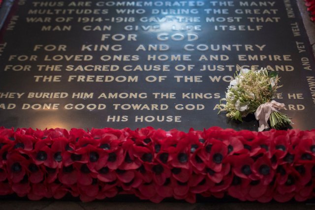 Meghan Markle's wedding bouquet lies on the grave of the Unknown Warrior in the west nave of Westminster Abbey, London, Britain May 20, 2018. Victoria Jones/Pool via Reuters