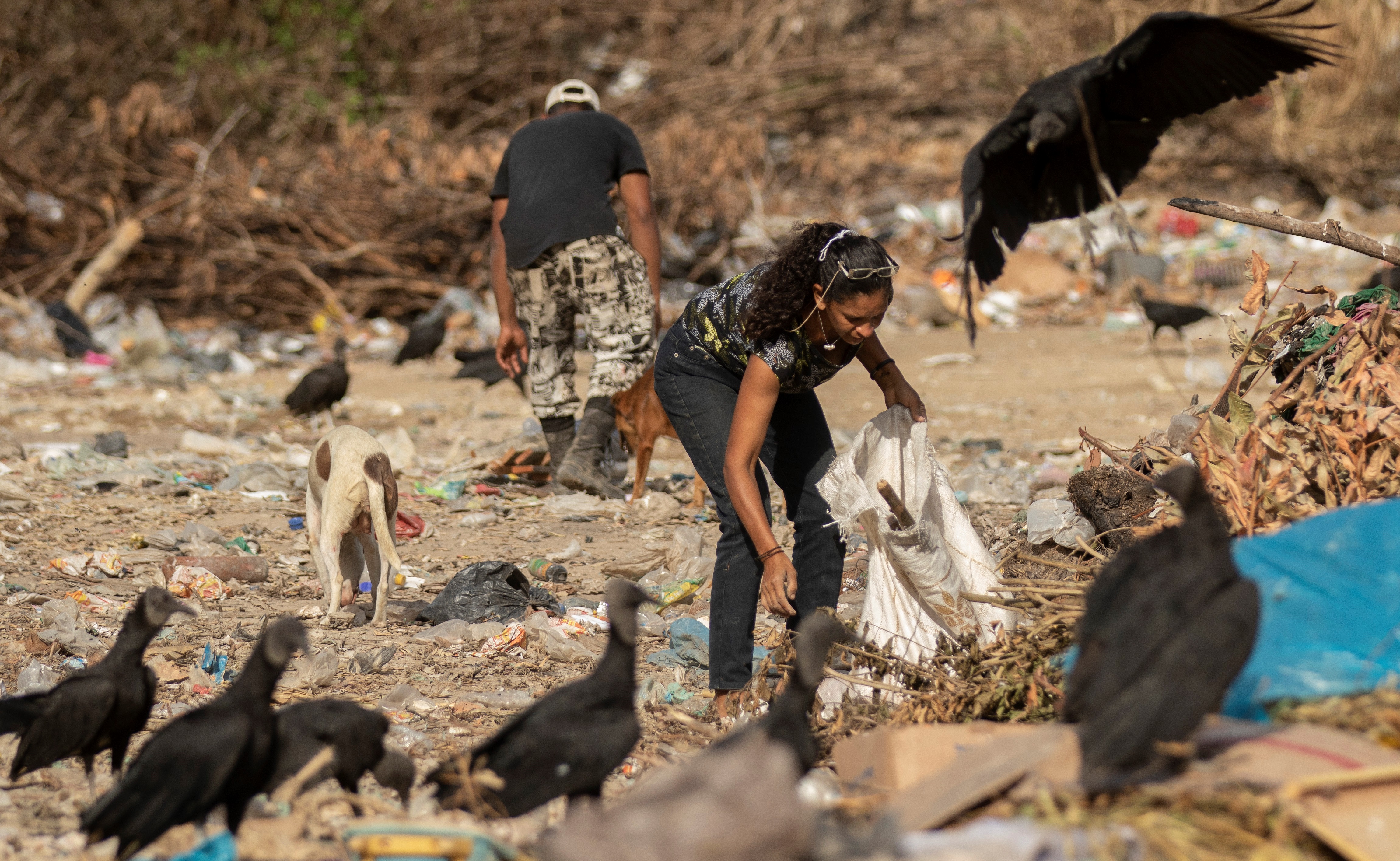 Venezolanos disputan restos de comida con buitres en un basurero en Paracaima (Fotos)