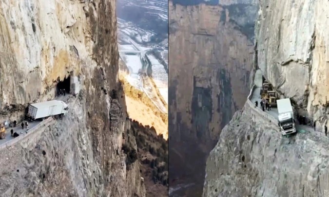 Camión colgó por tres días de un acantilado de 100 metros en China