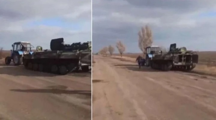 VIRAL: Con su tractor, un granjero ucraniano se robó un tanque ruso (VIDEO)
