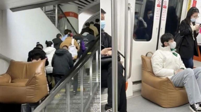 Un joven chino viaja en metro con su propio sillón portátil y desconcierta a los internautas (VIDEO)