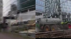Épica batalla se hizo VIRAL: camión de agua de la policía se enfrenta con uno de estiércol en Bruselas